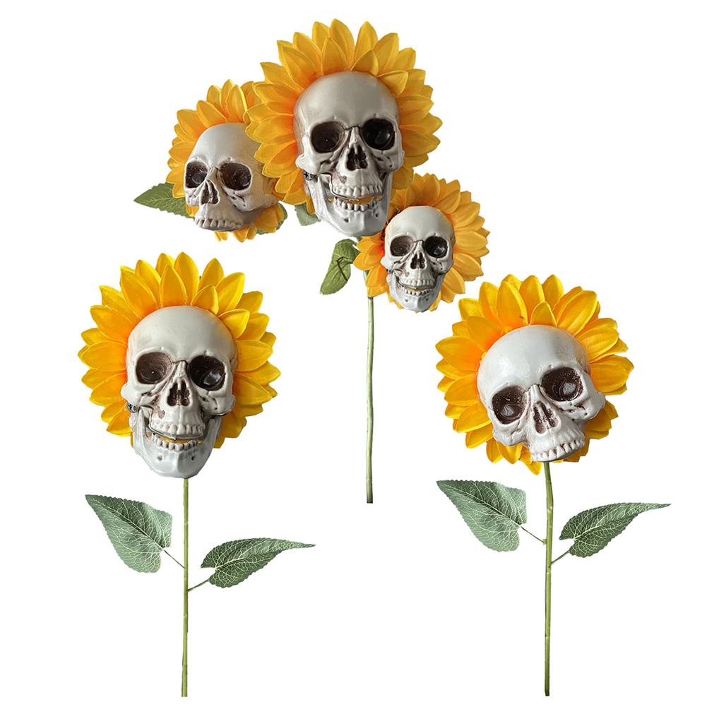 Spooky Sunflower Skeleton Head Statue