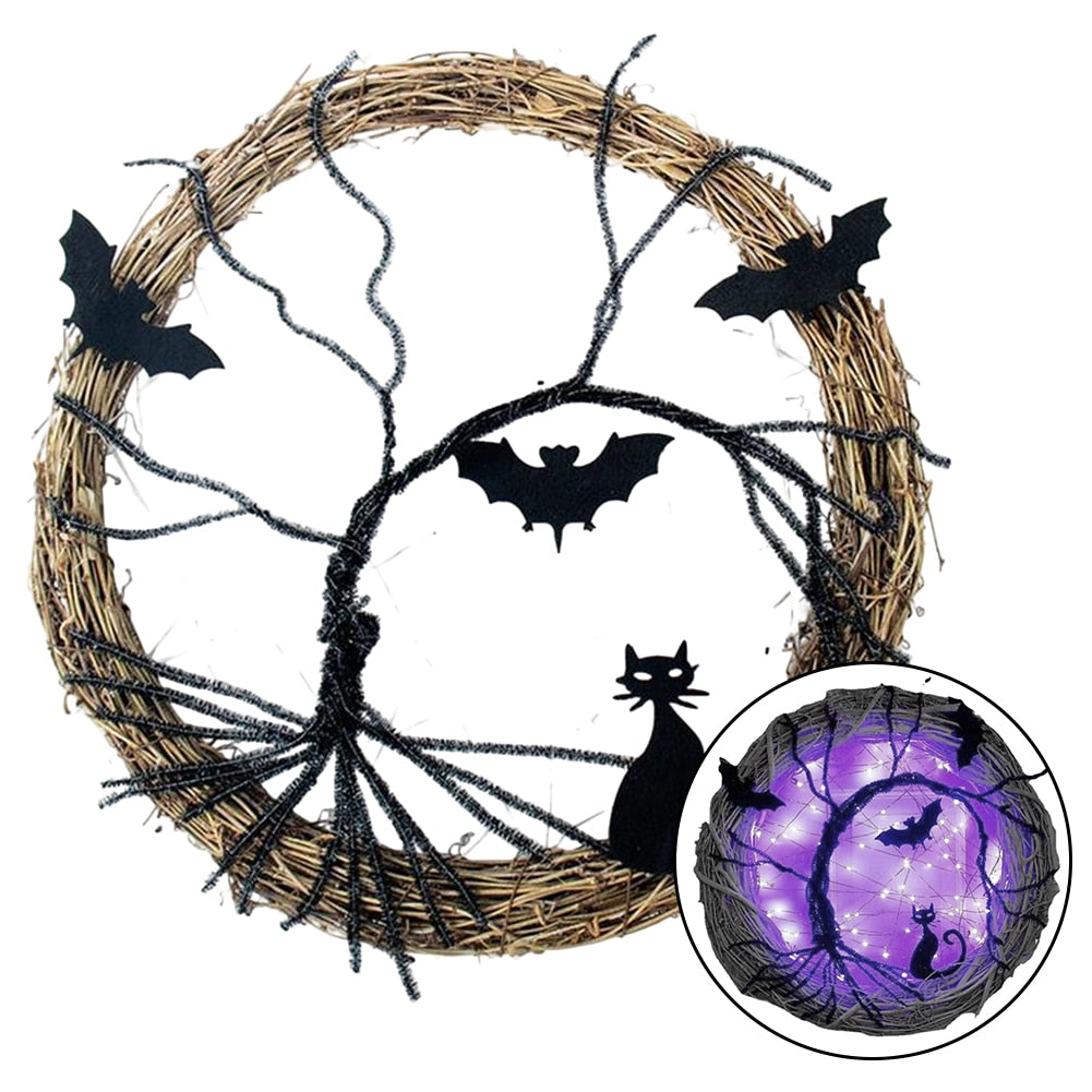 Halloween Bat Black Cat Wreath with LED Light