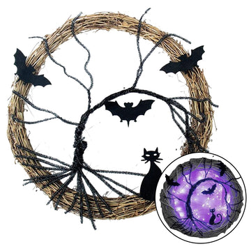 Halloween Bat Black Cat Wreath with LED Light